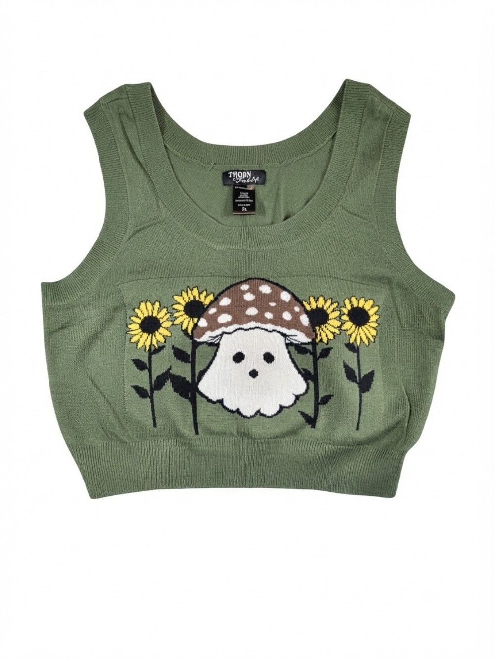 Thorn and Fable Ghost Mushroom Sweater Tank Top Juniors XL Green Sunflowers Twee